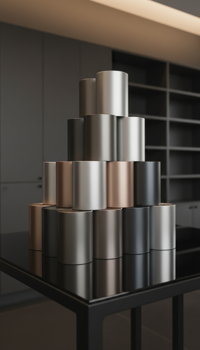 A collection of artfully arranged film canisters crafted from smooth, anodized aluminum in varying neutral shades, meticulously stacked atop a polished black glass table with crisp, defined edges. The setting is a dedicated archive corner with an uncluttered matte charcoal wall and built-in shelving in the far background, softly blurred. Soft ambient light from overhead accentuates the metallic surfaces while preserving understated elegance through subtle reflections and gentle, controlled shadows. Captured from a close, low angle, the image highlights the textures and orderly arrangement. The professional, pristine atmosphere and structured composition reinforce a sense of legacy, precision, and corporate sophistication fitting for a film creator’s narrative portfolio page.