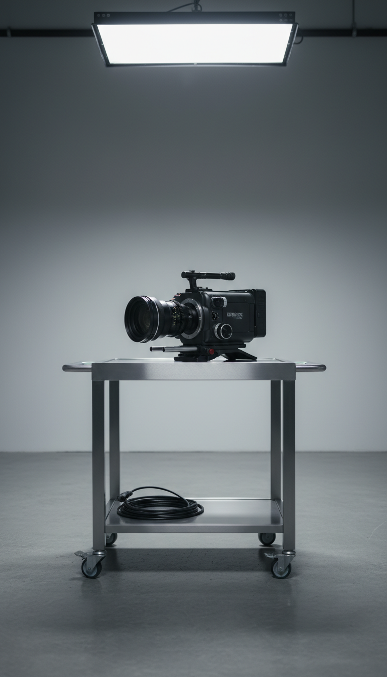 A sleek, modern digital film camera with a matte black magnesium alloy body and subtle silver accents, resting on a low-profile metal equipment cart with clean lines and minimal features. The background is an uncluttered studio space with neutral gray walls and polished concrete flooring. Cool, diffused studio lighting washes over the scene, creating crisp highlights on the camera’s edges and gentle gradients along its surfaces. The composition is centered at eye-level, emphasizing the camera’s precision design and advanced technology. The mood is professional and focused, exuding authority and technical expertise. The overall photographic realism and minimalism reinforce a structured, corporate aesthetic ideal for a film creator’s portfolio homepage.