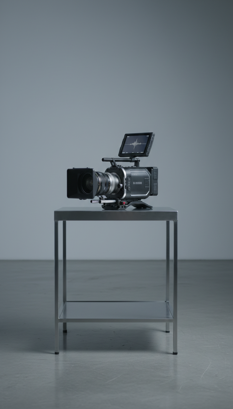 A sleek, modern digital film camera with a matte black magnesium alloy body and subtle silver accents, resting on a low-profile metal equipment cart with clean lines and minimal features. The background is an uncluttered studio space with neutral gray walls and polished concrete flooring. Cool, diffused studio lighting washes over the scene, creating crisp highlights on the camera’s edges and gentle gradients along its surfaces. The composition is centered at eye-level, emphasizing the camera’s precision design and advanced technology. The mood is professional and focused, exuding authority and technical expertise. The overall photographic realism and minimalism reinforce a structured, corporate aesthetic ideal for a film creator’s portfolio homepage.