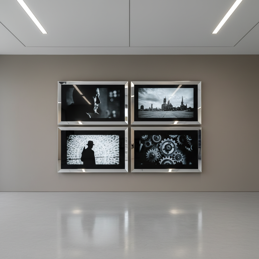 A balanced grid of four high-tech, beveled-edge video screens, each displaying a single monochrome film frame bordered in soft matte silver, mounted seamlessly on a muted taupe gallery wall. Surrounding space is minimalist, with a smooth concrete floor and clean architectural lines creating a sense of clarity and intention. Soft, indirect light sources from the ceiling provide even illumination, resulting in refined reflections on the screen borders without glare on the display surfaces. Captured from a straight-on, mid-range distance, the composition is precisely structured and symmetrical. The mood is sophisticated and serene, highlighting curation and professionalism in a clean, photographic style that amplifies the corporate, portfolio-focused character of the site.