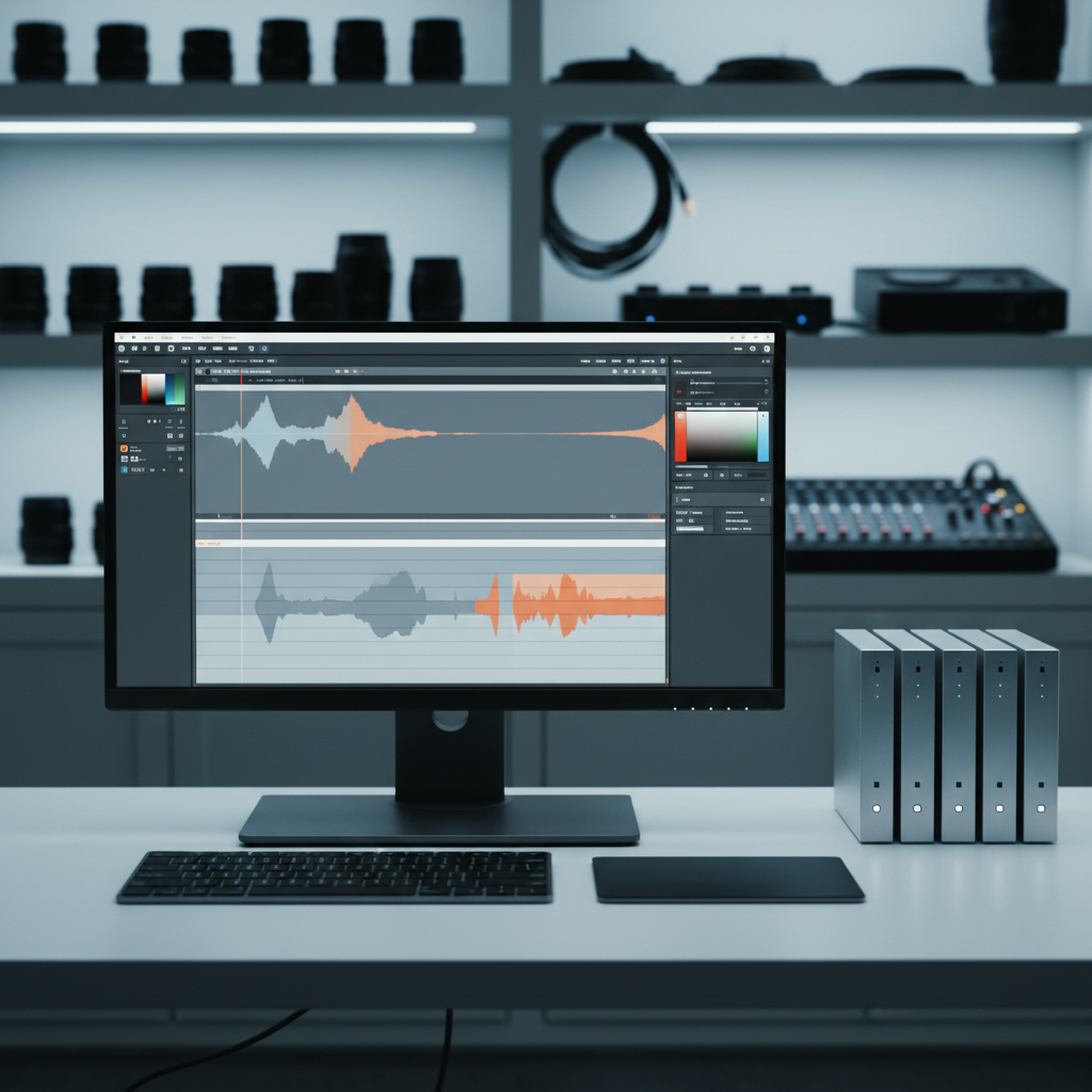 A modern film editing workstation featuring a slim, dark gray monitor displaying a muted color correction timeline interface, with a refined wireless keyboard and minimalist trackpad set against a pristine matte white surface. To the side rests a stack of neatly organized hard drives encased in brushed aluminum, hinting at digital craft and organization. Background elements include soft-focus shelving with subtle equipment silhouettes. Gentle, cool-toned LED lighting creates an even, shadowless environment, emphasizing clarity and calm. Captured at a slight angle to reveal orderly symmetry and structure, the mood is tranquil, methodical, and highly professional. The image embodies clean, photographic minimalism and underscores the technical expertise integral to a film creator’s process.