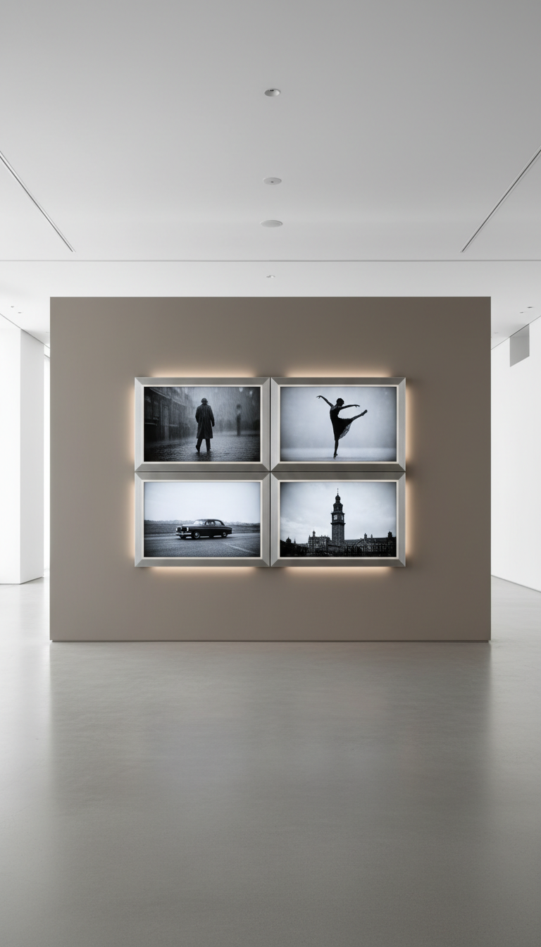 A balanced grid of four high-tech, beveled-edge video screens, each displaying a single monochrome film frame bordered in soft matte silver, mounted seamlessly on a muted taupe gallery wall. Surrounding space is minimalist, with a smooth concrete floor and clean architectural lines creating a sense of clarity and intention. Soft, indirect light sources from the ceiling provide even illumination, resulting in refined reflections on the screen borders without glare on the display surfaces. Captured from a straight-on, mid-range distance, the composition is precisely structured and symmetrical. The mood is sophisticated and serene, highlighting curation and professionalism in a clean, photographic style that amplifies the corporate, portfolio-focused character of the site.