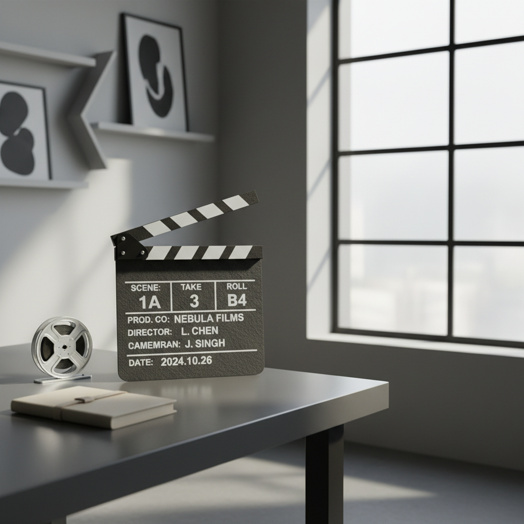 A crisply displayed director's clapperboard made from fine-grained charcoal gray slate with starkly contrasting white engraved lettering, positioned upright at the corner of a minimalist, brushed-steel editing desk. The desk sits in a quiet workspace featuring neutral tones and geometric organization, with a soft, understated film reel and a single closed notebook nearby. Daylight enters through a frosted glass window in the background, diffusing gentle illumination that casts elegant shadows and subtle highlights across the scene. Framed using the rule of thirds and shot at a slightly elevated angle, the composition feels purposeful and uncluttered. The aesthetic is photographic realism, evoking a disciplined, professional mood tailored for a film creator’s portfolio.